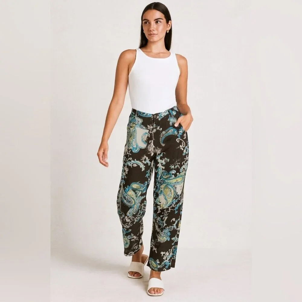 100% Silk Made in Italy Wide Leg Pants Multicolor Paisley Print Size 44  NWT